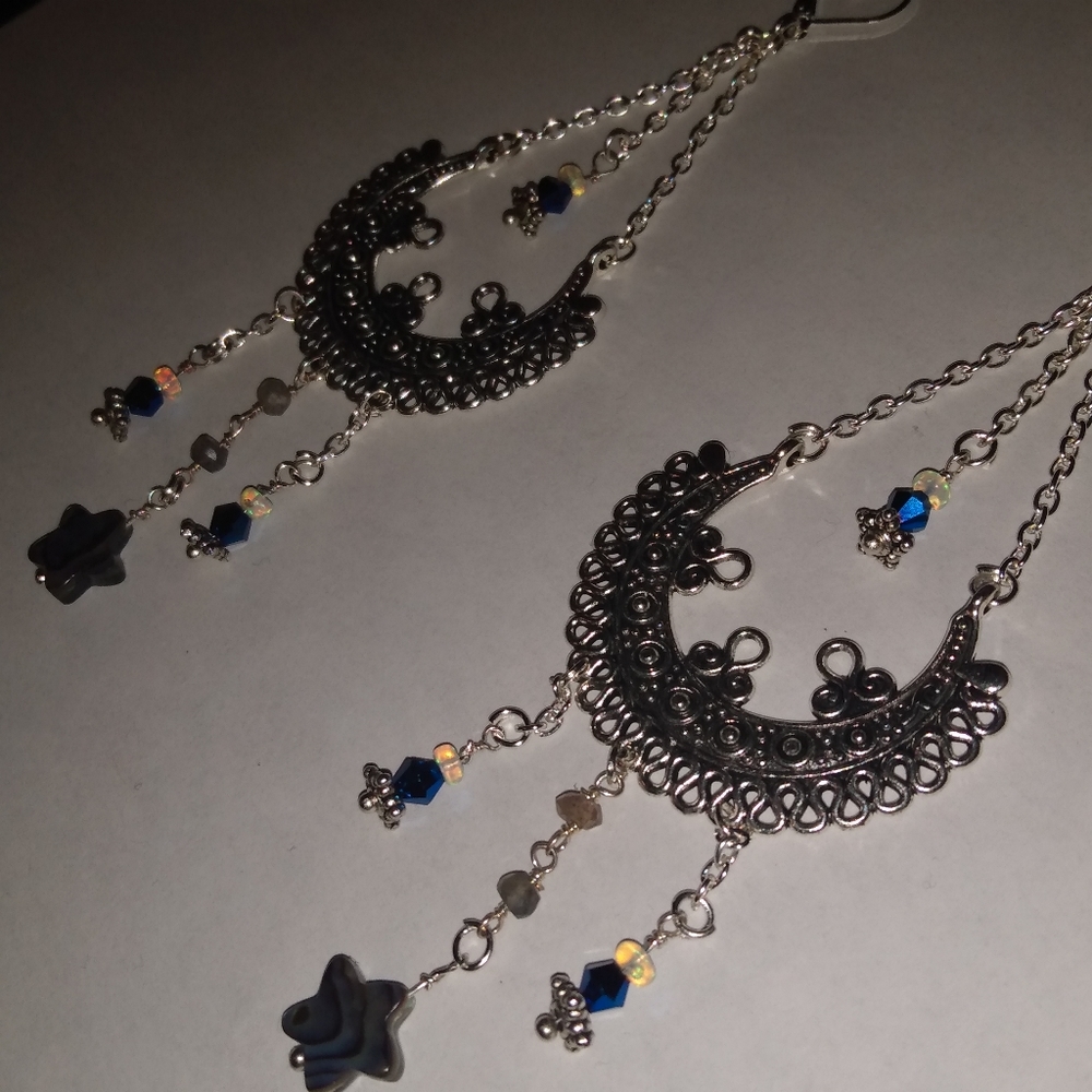 Opal, labradorite, Abalone crescent moon and shooting star earrings